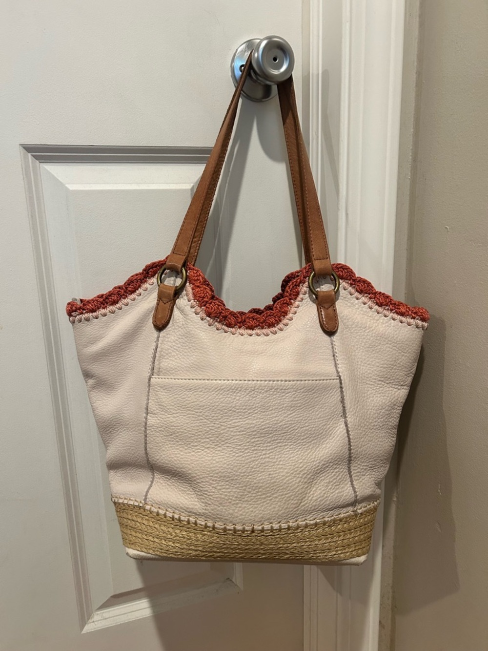 The Sak White Leather Shoulder Bag with Pink Embroidered Trim and Tan Braiding - Picture 3 of 16